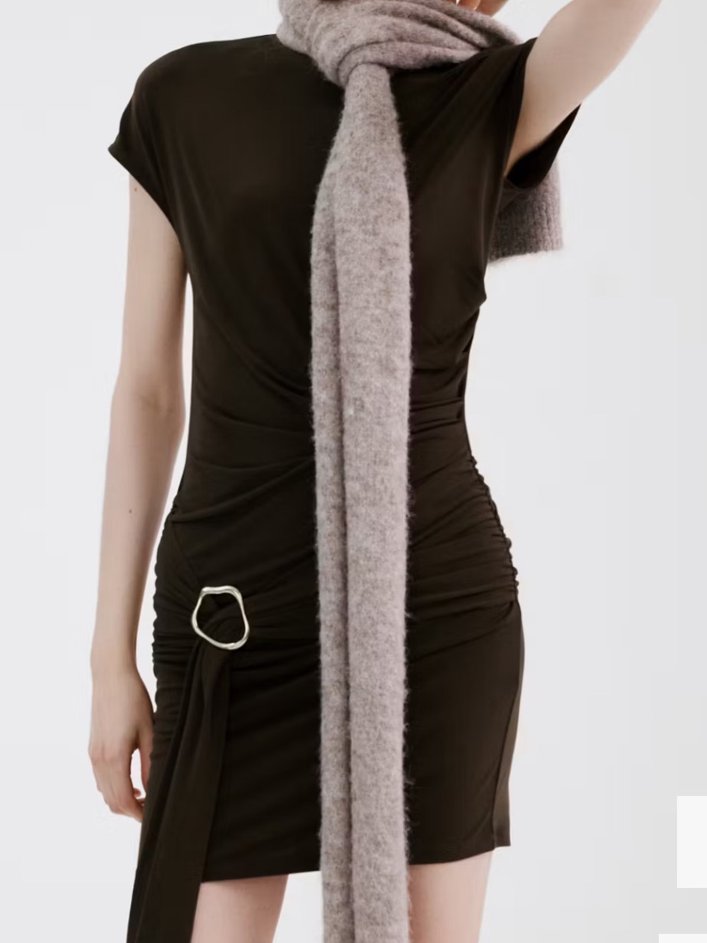Mango Midi Dress withSide Ring Drape RUCHED BODICE DRESS WITH BROOCH